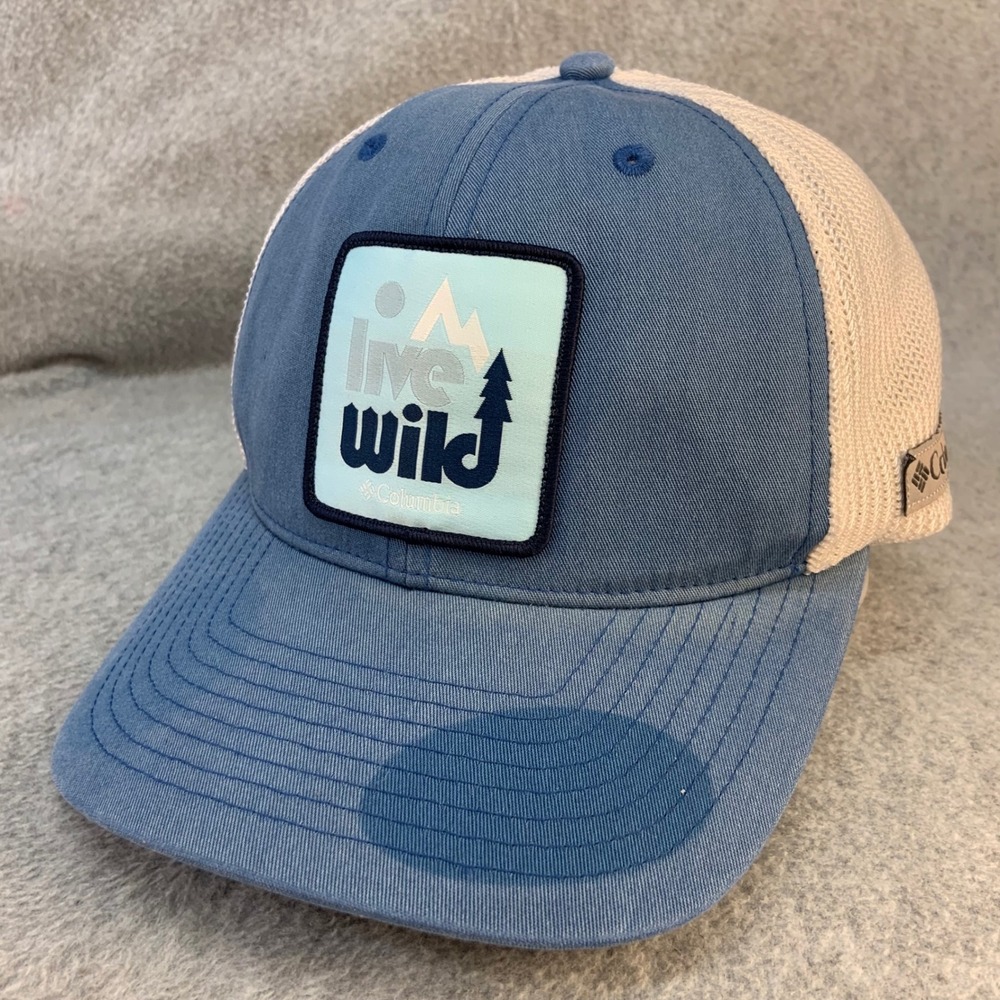 Live Wild Patch Mens Blue Columbia Trucker Hat Mesh Back Flexfit L/XL